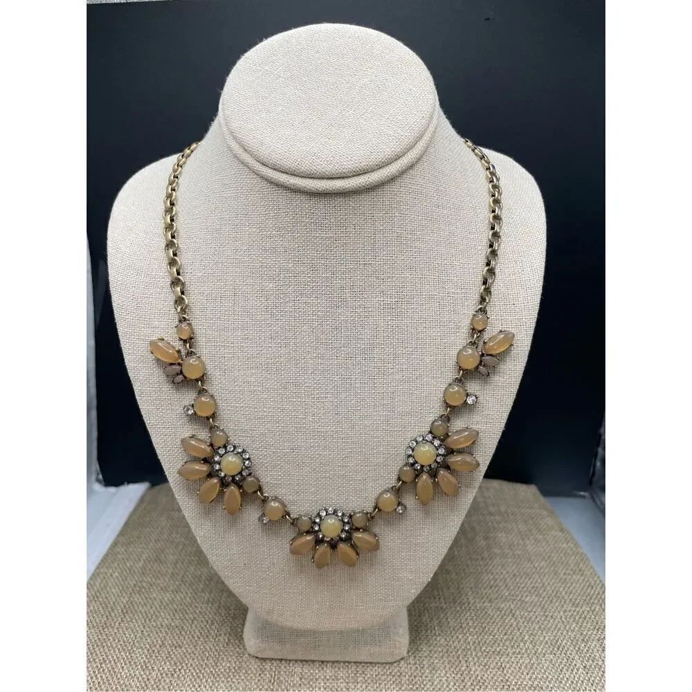 Vintage J. Crew Glass & Rhinestones Brass Tone Flower Statement 22" Necklace Yel